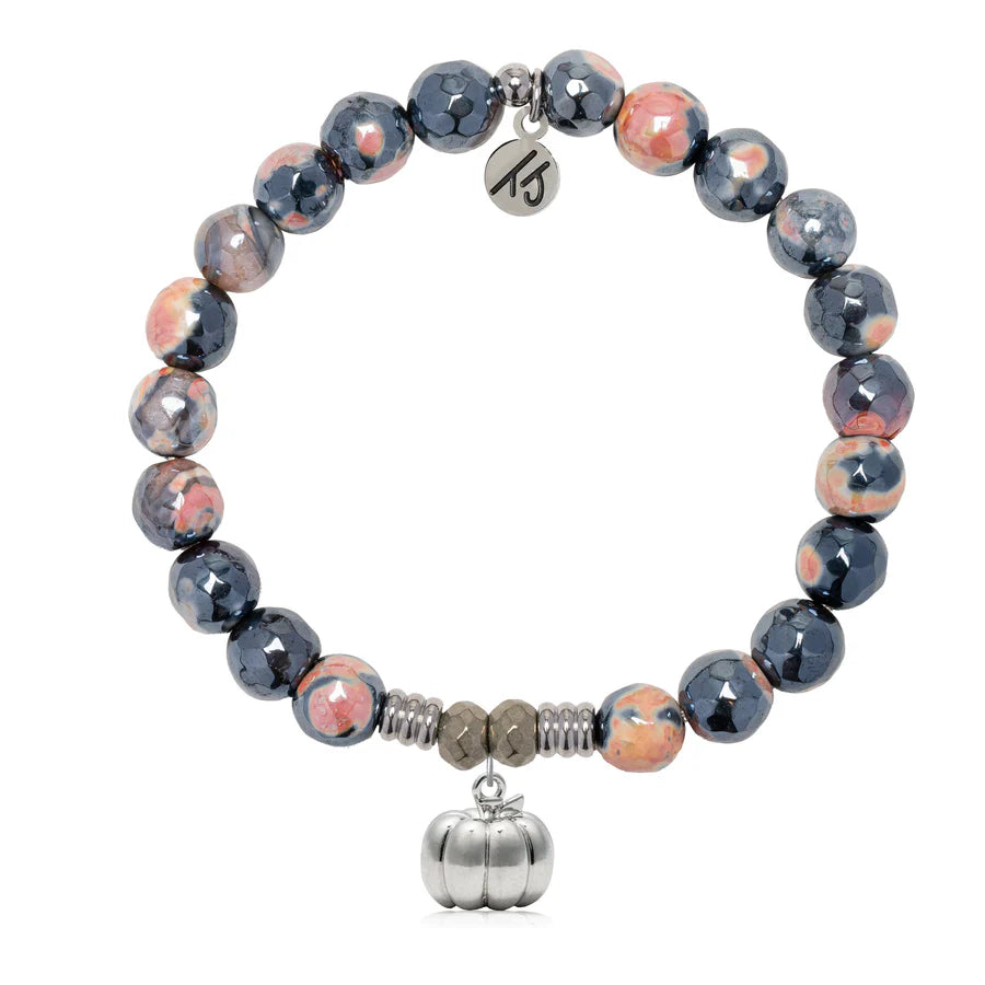 Orange Black Agate Gemstone Bracelet with Pumpkin Sterling Silver Charm