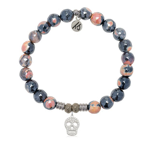 Orange Black Agate Gemstone Bracelet with Skull CZ Sterling Silver Charm