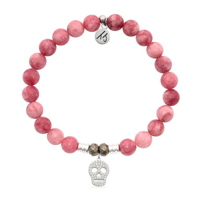 Pink Jade Gemstone Bracelet with Skull CZ Sterling Silver Charm