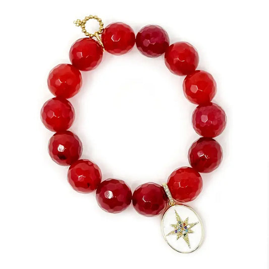 Faceted Ruby Red Jade with White Enameled North star