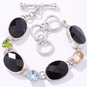 STERLING SILVER ONYX AND MULTI GEMSTONE BRACELET